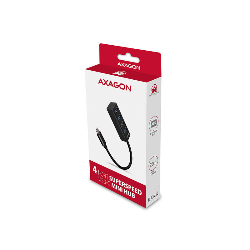 AXAGON HUE-M1C, 4x USB 3.2 Gen 1 MINI hub, kovový, kábel USB-C 20cm