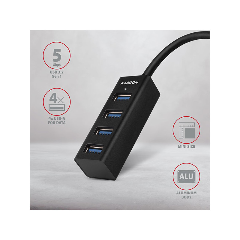 AXAGON HUE-M1A, 4x USB 3.2 Gen 1 MINI hub, kovový, kábel USB-A 20cm
