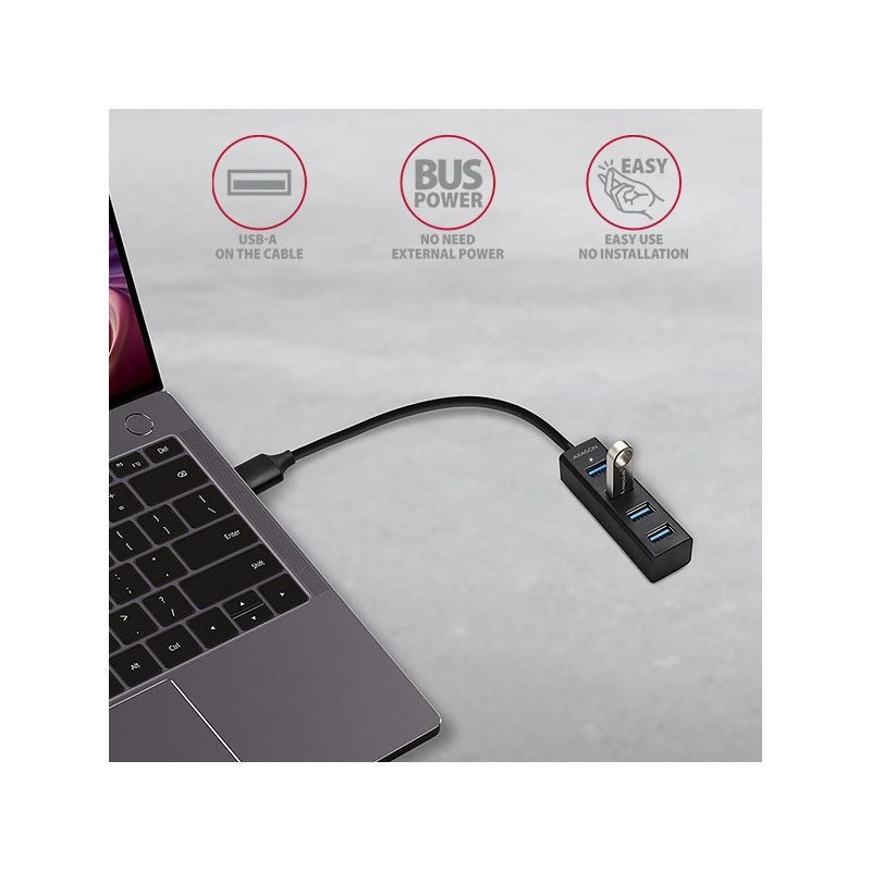 AXAGON HUE-M1A, 4x USB 3.2 Gen 1 MINI hub, kovový, kábel USB-A 20cm