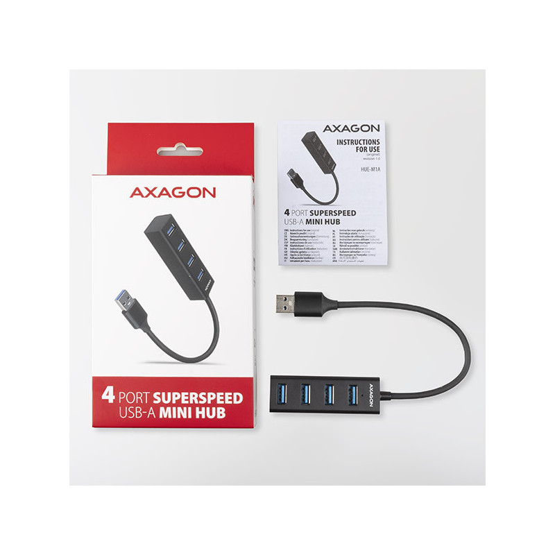 AXAGON HUE-M1A, 4x USB 3.2 Gen 1 MINI hub, kovový, kábel USB-A 20cm