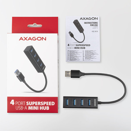 AXAGON HUE-M1A, 4x USB 3.2 Gen 1 MINI hub, kovový, kábel USB-A 20cm