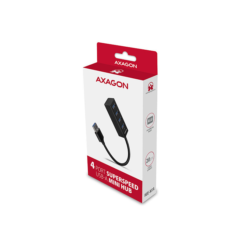 AXAGON HUE-M1A, 4x USB 3.2 Gen 1 MINI hub, kovový, kábel USB-A 20cm