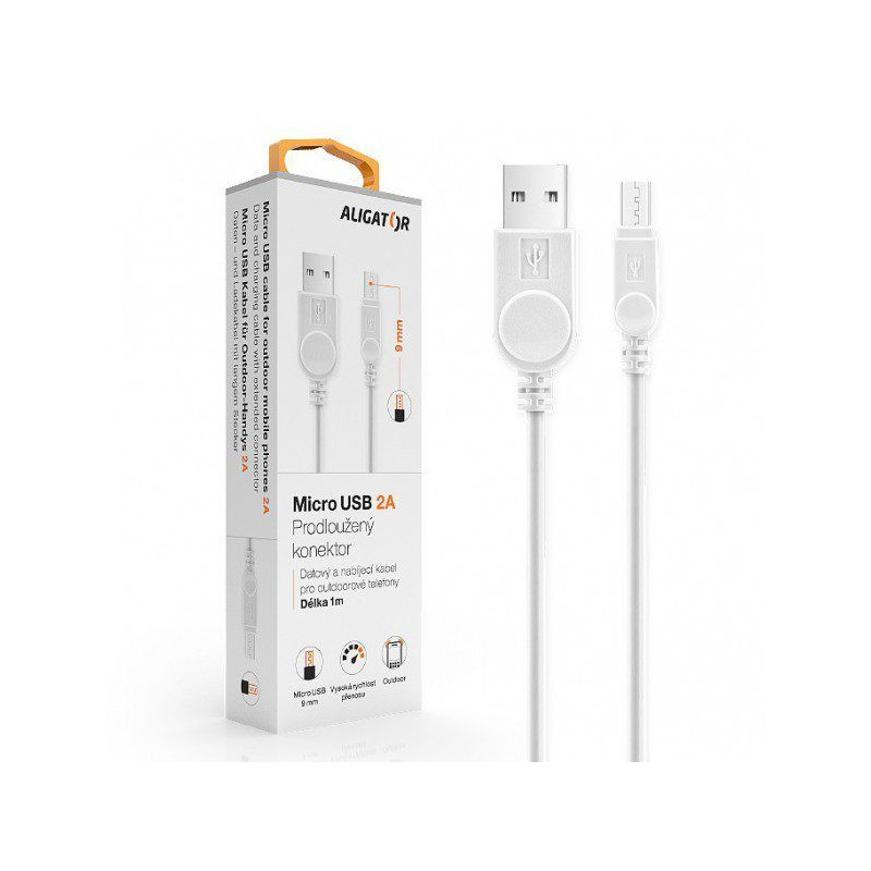 Aligator kábel microUSB predĺžený kon. 9mm Biely