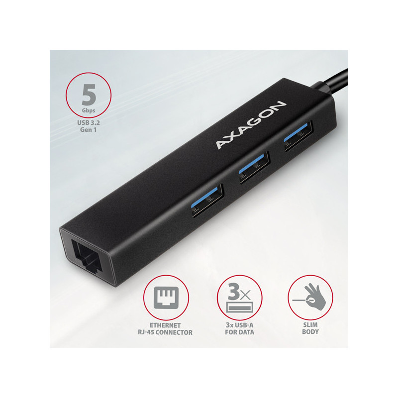 AXAGON HMC-GL3A, USB 3.2 Gen 1 hub, porty 3x USB-A + Gigabit Ethernet, kovový, kábel USB-C 20cm