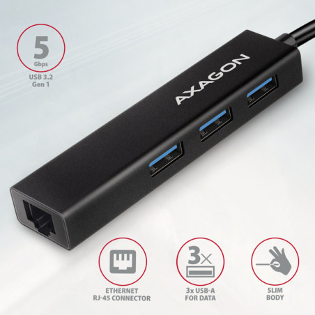 AXAGON HMC-GL3A, USB 3.2 Gen 1 hub, porty 3x USB-A + Gigabit Ethernet, kovový, kábel USB-C 20cm