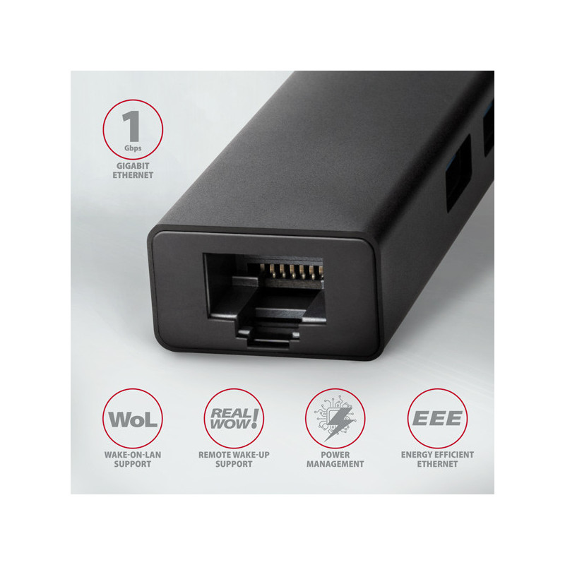AXAGON HMC-GL3A, USB 3.2 Gen 1 hub, porty 3x USB-A + Gigabit Ethernet, kovový, kábel USB-C 20cm