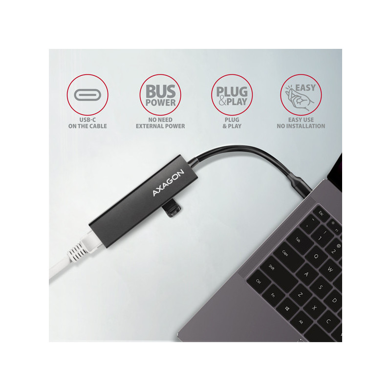 AXAGON HMC-GL3A, USB 3.2 Gen 1 hub, porty 3x USB-A + Gigabit Ethernet, kovový, kábel USB-C 20cm