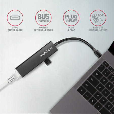 AXAGON HMC-GL3A, USB 3.2 Gen 1 hub, porty 3x USB-A + Gigabit Ethernet, kovový, kábel USB-C 20cm