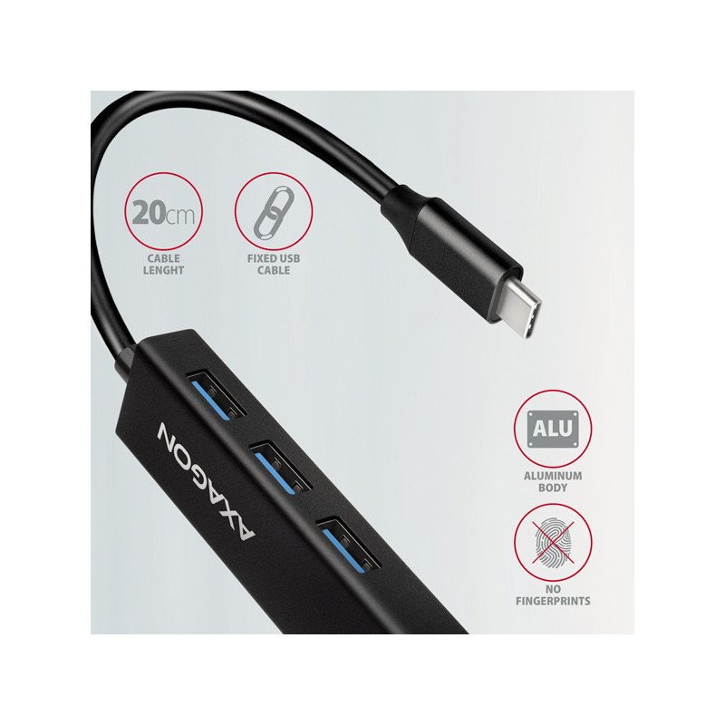 AXAGON HMC-GL3A, USB 3.2 Gen 1 hub, porty 3x USB-A + Gigabit Ethernet, kovový, kábel USB-C 20cm