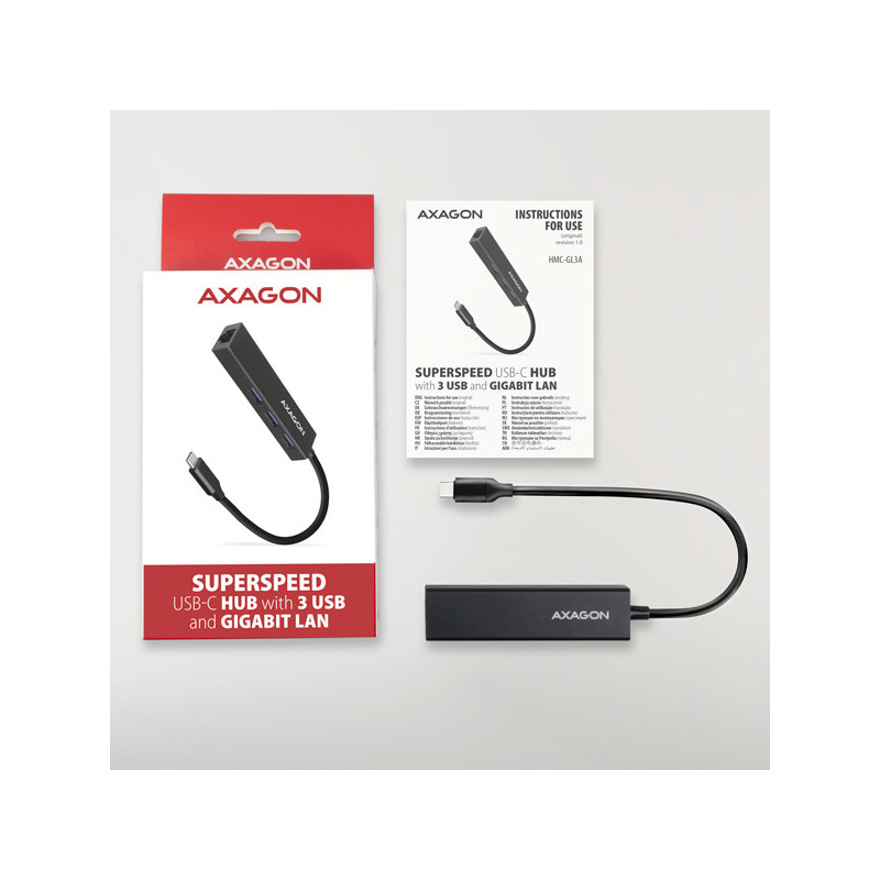 AXAGON HMC-GL3A, USB 3.2 Gen 1 hub, porty 3x USB-A + Gigabit Ethernet, kovový, kábel USB-C 20cm
