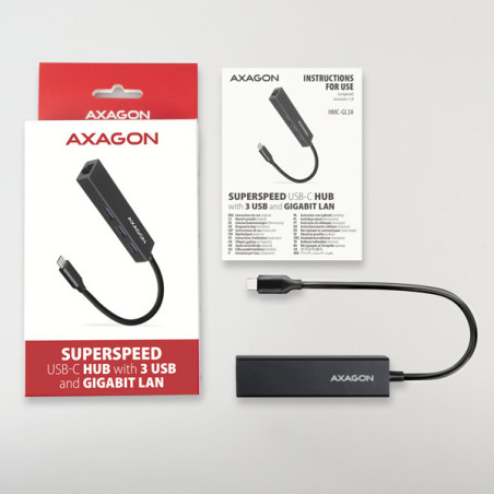 AXAGON HMC-GL3A, USB 3.2 Gen 1 hub, porty 3x USB-A + Gigabit Ethernet, kovový, kábel USB-C 20cm