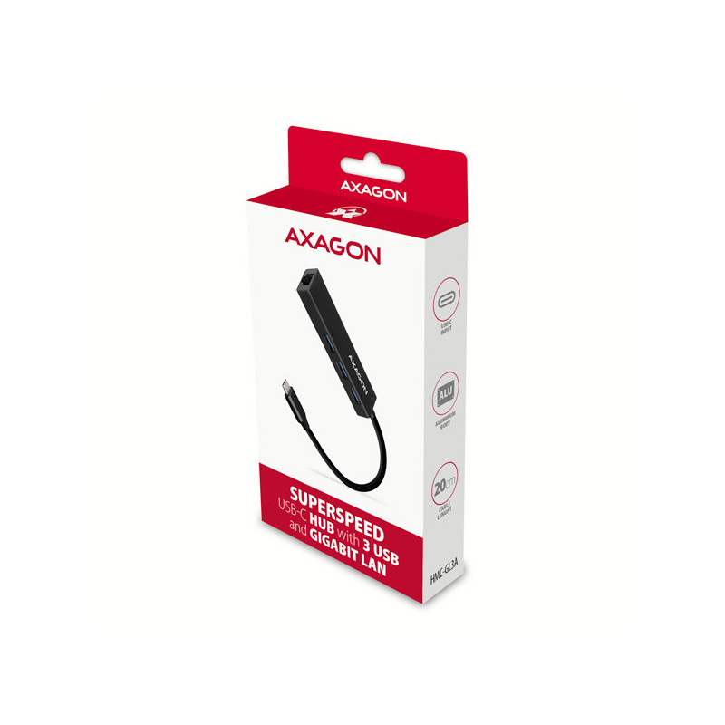 AXAGON HMC-GL3A, USB 3.2 Gen 1 hub, porty 3x USB-A + Gigabit Ethernet, kovový, kábel USB-C 20cm