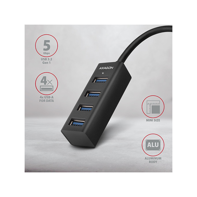 AXAGON HUE-M1AL, 4x USB 3.2 Gen 1 MINI hub, kovový, kábel USB-A 1.2m