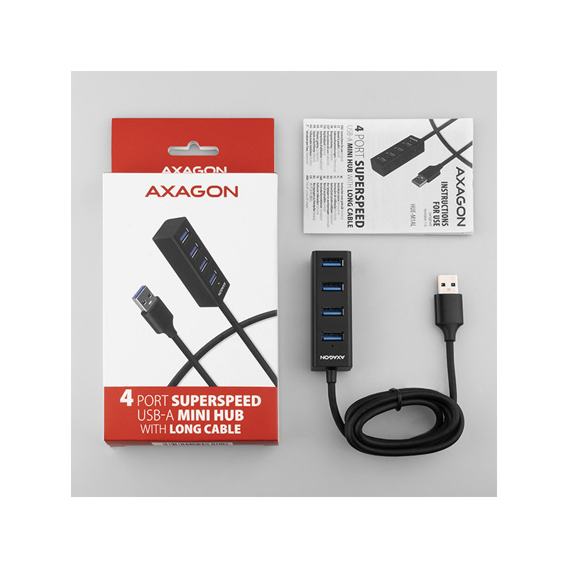 AXAGON HUE-M1AL, 4x USB 3.2 Gen 1 MINI hub, kovový, kábel USB-A 1.2m