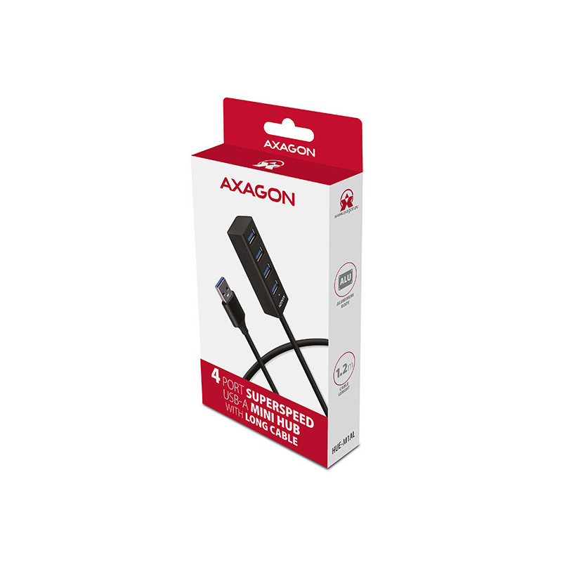 AXAGON HUE-M1AL, 4x USB 3.2 Gen 1 MINI hub, kovový, kábel USB-A 1.2m