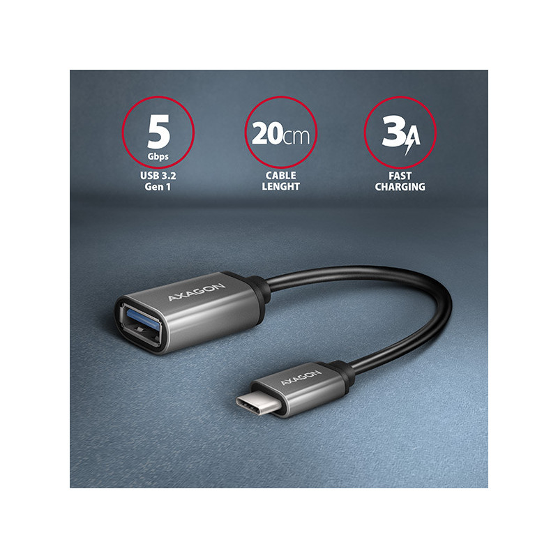 AXAGON RUCM-AFAC, káblová redukcia USB-C (M) → USB-A (F), 20cm, USB 3.2 Gen 1, 3A, ALU