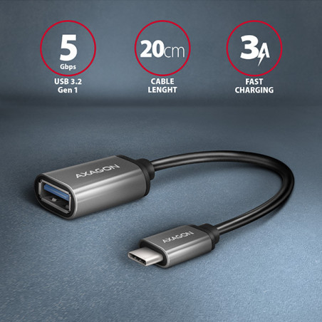 AXAGON RUCM-AFAC, káblová redukcia USB-C (M) → USB-A (F), 20cm, USB 3.2 Gen 1, 3A, ALU