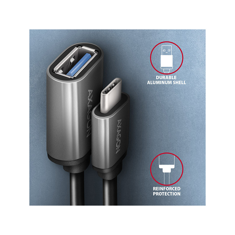 AXAGON RUCM-AFAC, káblová redukcia USB-C (M) → USB-A (F), 20cm, USB 3.2 Gen 1, 3A, ALU
