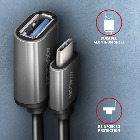 AXAGON RUCM-AFAC, káblová redukcia USB-C (M) → USB-A (F), 20cm, USB 3.2 Gen 1, 3A, ALU