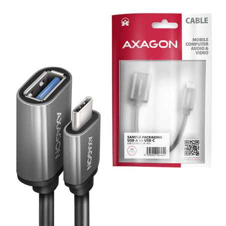 AXAGON RUCM-AFAC, káblová redukcia USB-C (M) → USB-A (F), 20cm, USB 3.2 Gen 1, 3A, ALU
