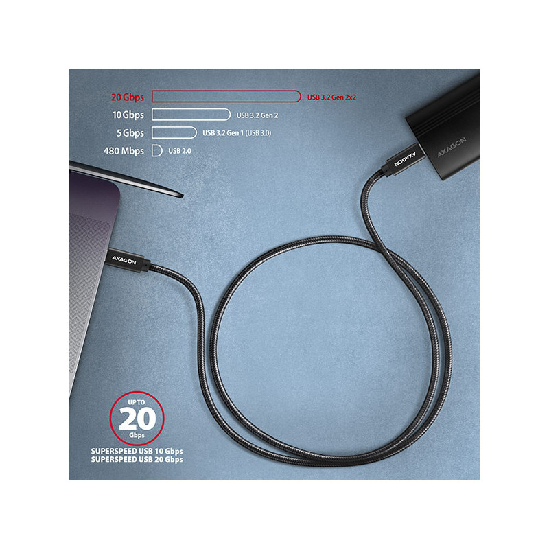 AXAGON BUCM32-CM10AB, SPEED+ kábel USB-C → USB-C, 1m, USB 20Gbps, PD 100W 5A, 4K HD, ALU, oplet