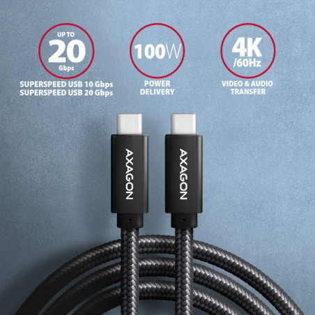AXAGON BUCM32-CM20AB, SPEED+ kábel USB-C → USB-C, 2m, USB 20Gbps, PD 100W 5A, 4K HD, ALU, oplet