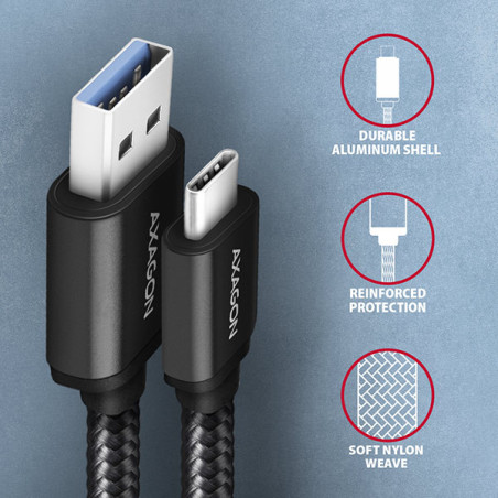 AXAGON BUCM3-AM10AB, SPEED kábel USB-C → USB-A, 1m, USB 3.2 Gen 1, 3A, ALU, oplet, čierny