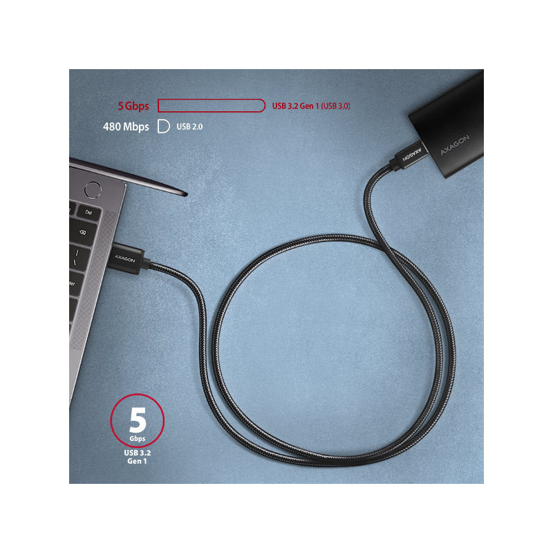 AXAGON BUCM3-AM10AB, SPEED kábel USB-C → USB-A, 1m, USB 3.2 Gen 1, 3A, ALU, oplet, čierny