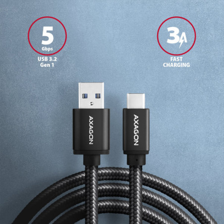AXAGON BUCM3-AM15AB, SPEED kábel USB-C → USB-A, 1.5m, USB 3.2 Gen 1, 3A, ALU, oplet, čierny