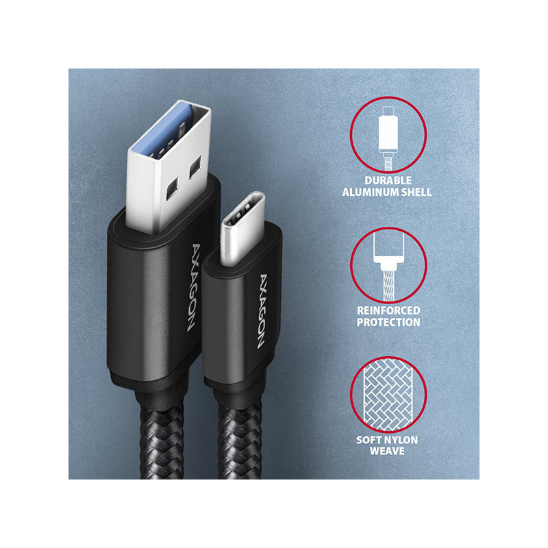 AXAGON BUCM3-AM20AB, SPEED kábel USB-C → USB-A, 2m, USB 3.2 Gen 1, 3A, ALU, oplet, čierny