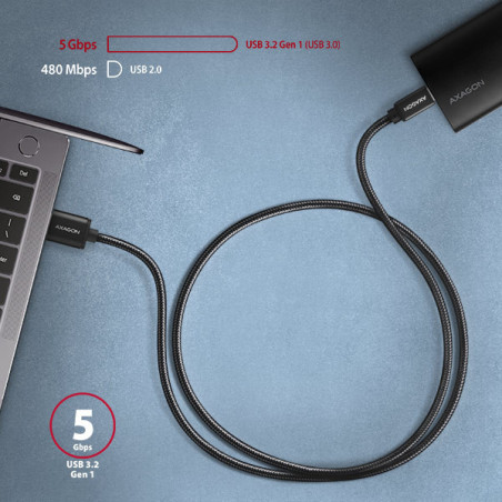 AXAGON BUCM3-AM20AB, SPEED kábel USB-C → USB-A, 2m, USB 3.2 Gen 1, 3A, ALU, oplet, čierny