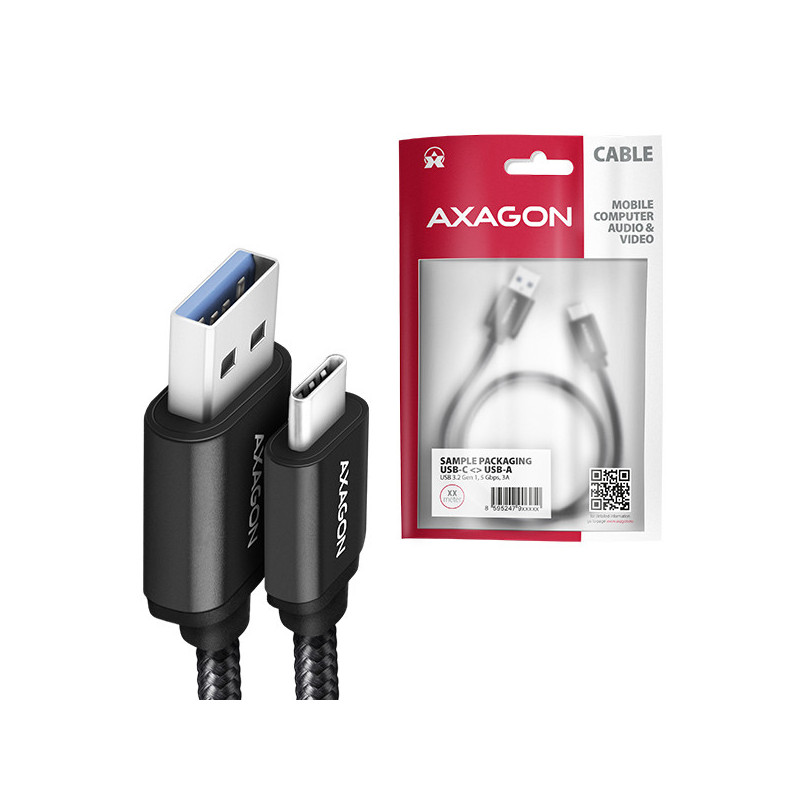 AXAGON BUCM3-AM20AB, SPEED kábel USB-C → USB-A, 2m, USB 3.2 Gen 1, 3A, ALU, oplet, čierny