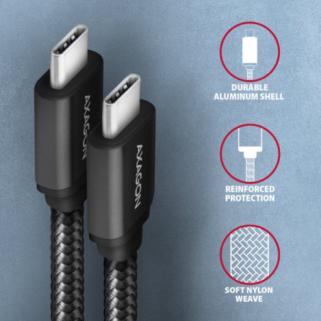 AXAGON BUCM3-CM10AB, SPEED kábel USB-C → USB-C, 1m, USB 3.2 Gen 1, PD 60W 3A, ALU, oplet, čierny