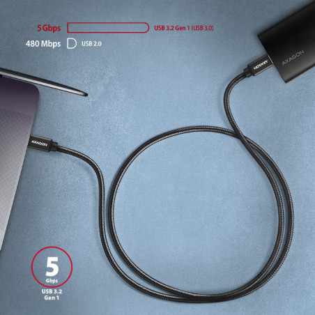 AXAGON BUCM3-CM15AB, SPEED kábel USB-C → USB-C, 1.5m, USB 3.2 Gen 1, PD 60W 3A, ALU, oplet, čierny