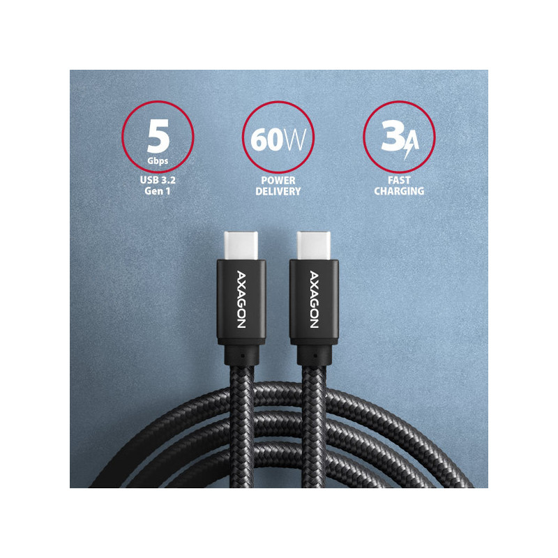 AXAGON BUCM3-CM15AB, SPEED kábel USB-C → USB-C, 1.5m, USB 3.2 Gen 1, PD 60W 3A, ALU, oplet, čierny
