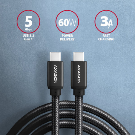 AXAGON BUCM3-CM20AB, SPEED kábel USB-C → USB-C, 2m, USB 3.2 Gen 1, PD 60W 3A, ALU, oplet, čierny