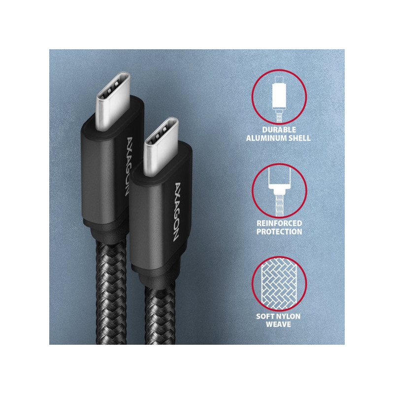AXAGON BUCM3-CM20AB, SPEED kábel USB-C → USB-C, 2m, USB 3.2 Gen 1, PD 60W 3A, ALU, oplet, čierny
