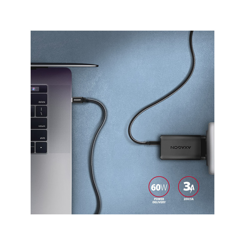 AXAGON BUCM3-CM20AB, SPEED kábel USB-C → USB-C, 2m, USB 3.2 Gen 1, PD 60W 3A, ALU, oplet, čierny