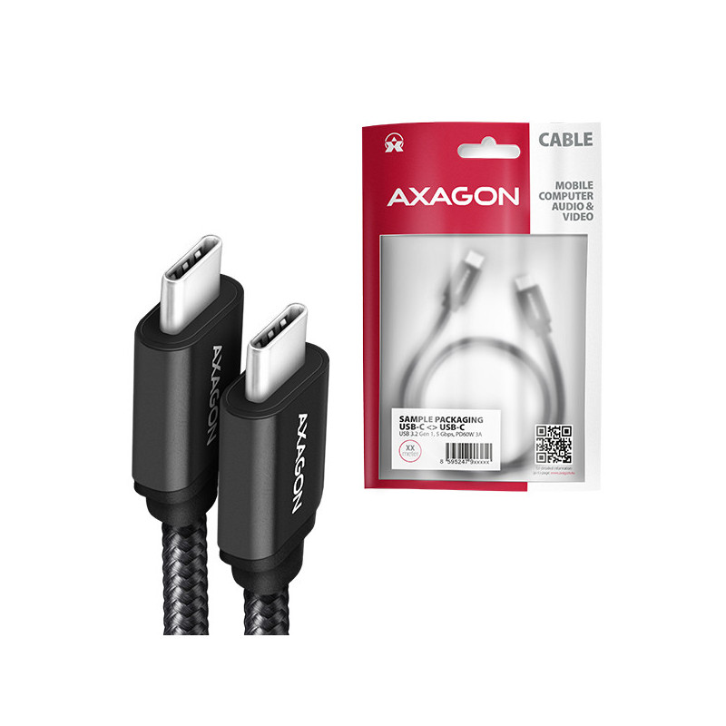 AXAGON BUCM3-CM20AB, SPEED kábel USB-C → USB-C, 2m, USB 3.2 Gen 1, PD 60W 3A, ALU, oplet, čierny