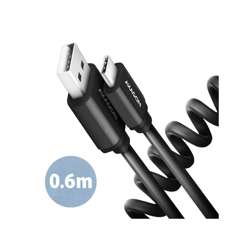 AXAGON BUCM-AM10TB, TWISTER kábel USB-C → USB-A, 0.6m, USB 2.0, 3A, ALU, tpe, čierny