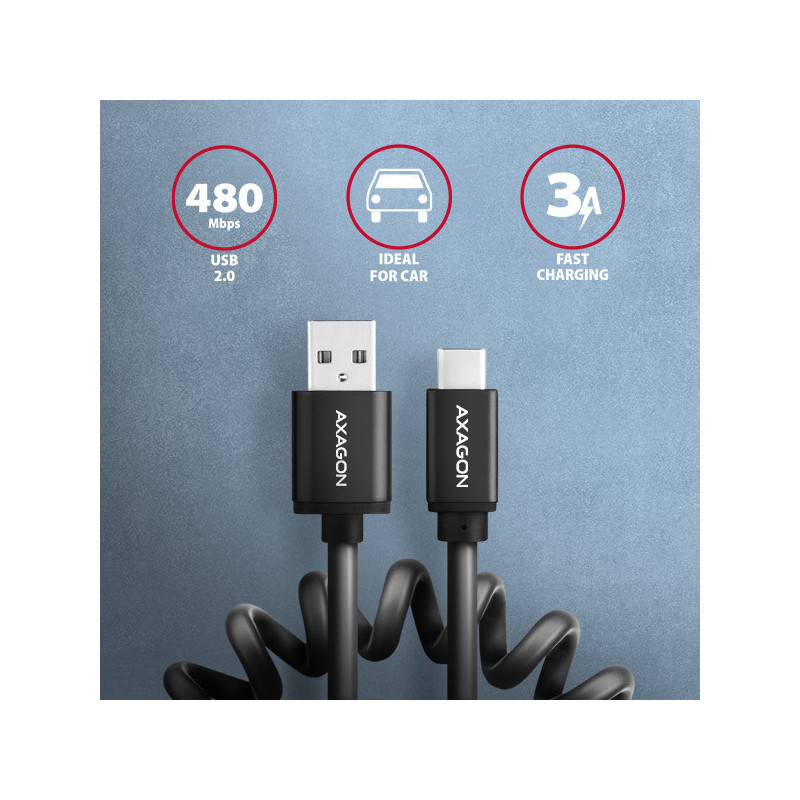 AXAGON BUCM-AM10TB, TWISTER kábel USB-C → USB-A, 0.6m, USB 2.0, 3A, ALU, tpe, čierny