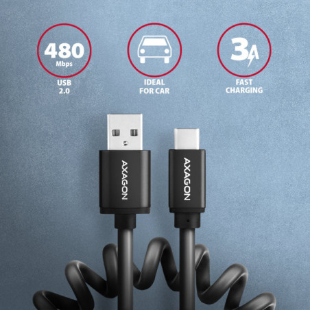AXAGON BUCM-AM10TB, TWISTER kábel USB-C → USB-A, 0.6m, USB 2.0, 3A, ALU, tpe, čierny