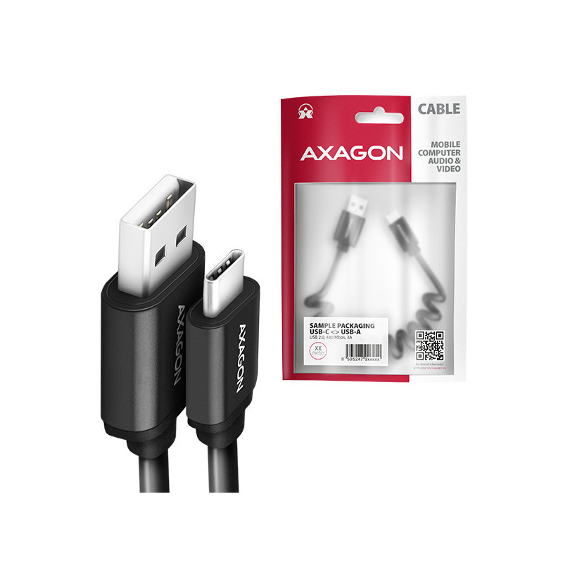 AXAGON BUCM-AM10TB, TWISTER kábel USB-C → USB-A, 0.6m, USB 2.0, 3A, ALU, tpe, čierny