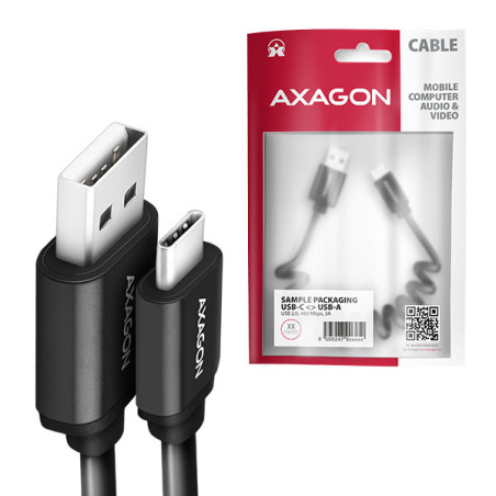 AXAGON BUCM-AM10TB, TWISTER kábel USB-C → USB-A, 0.6m, USB 2.0, 3A, ALU, tpe, čierny