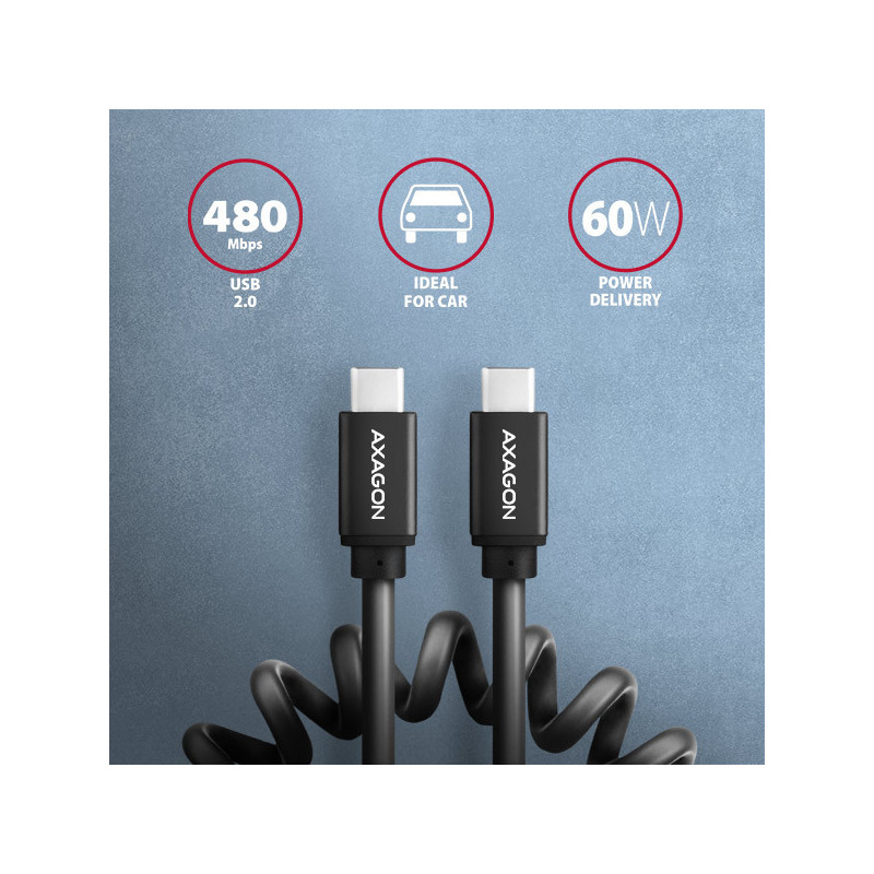 AXAGON BUCM-CM10TB, TWISTER kábel USB-C → USB-C, 0.6m, USB 2.0, PD 60W 3A, ALU, tpe, čierny