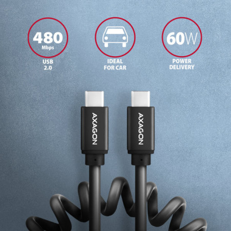 AXAGON BUCM-CM10TB, TWISTER kábel USB-C → USB-C, 0.6m, USB 2.0, PD 60W 3A, ALU, tpe, čierny