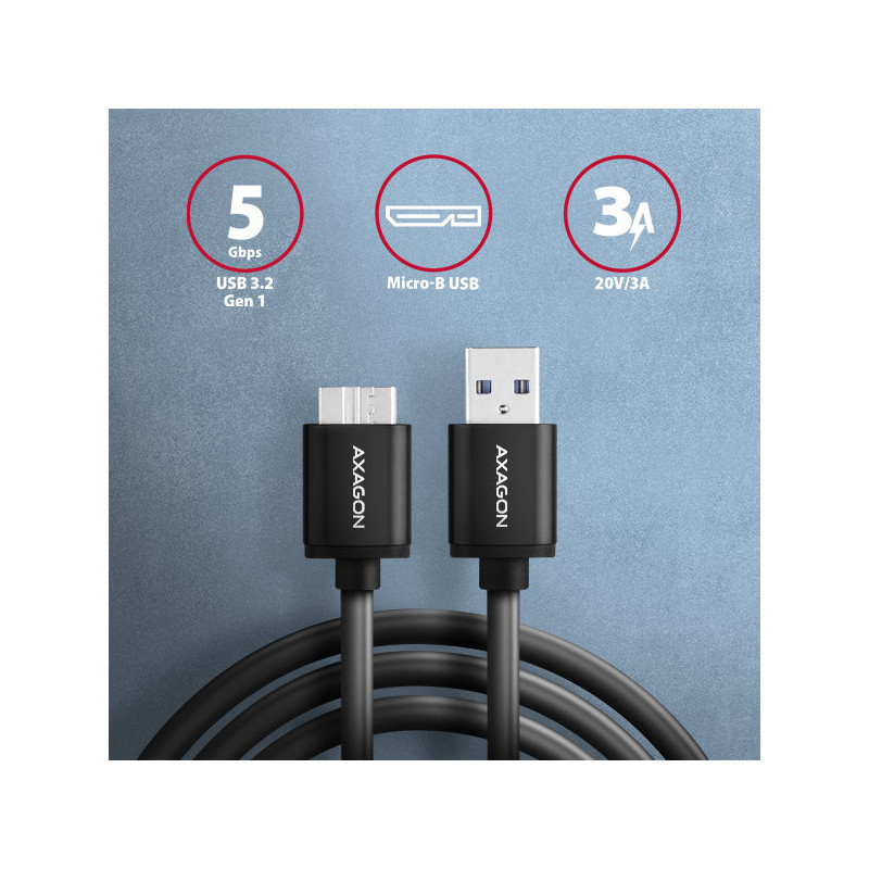 AXAGON BUMM3-AM10AB, SPEED kábel Micro-B USB → USB-A, 1m, USB 3.2 GEN 1, 3A, ALU, tpe, čierny