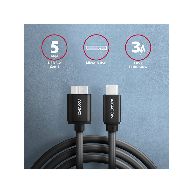 AXAGON BUMM3-CM10AB, SPEED kábel Micro-B USB → USB-C, 1m, USB 3.2 GEN 1, 3A, ALU, tpe, čierny