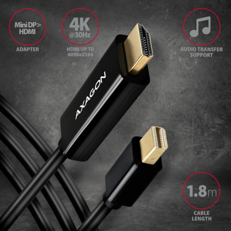 AXAGON RVDM-HI14C2, Mini DisplayPort → HDMI 1.4 redukcia / kábel 1.8 m, 4K/30Hz