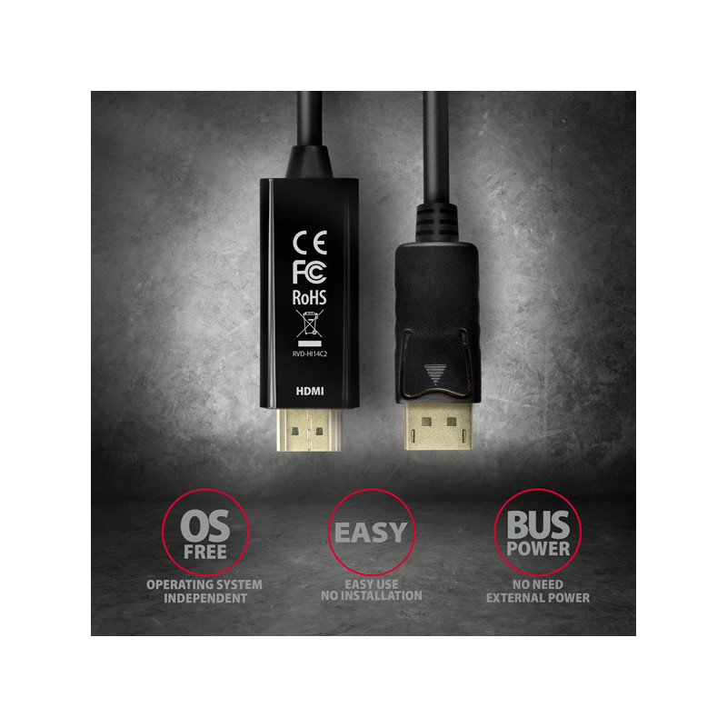 AXAGON RVD-HI14C2, DisplayPort → HDMI 1.4 redukcia / kábel 1.8m, 4K/30Hz